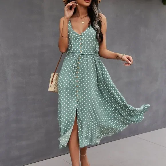 New Button Through Drawstring Waist Polka Dot Cami Dress Mint Green 226